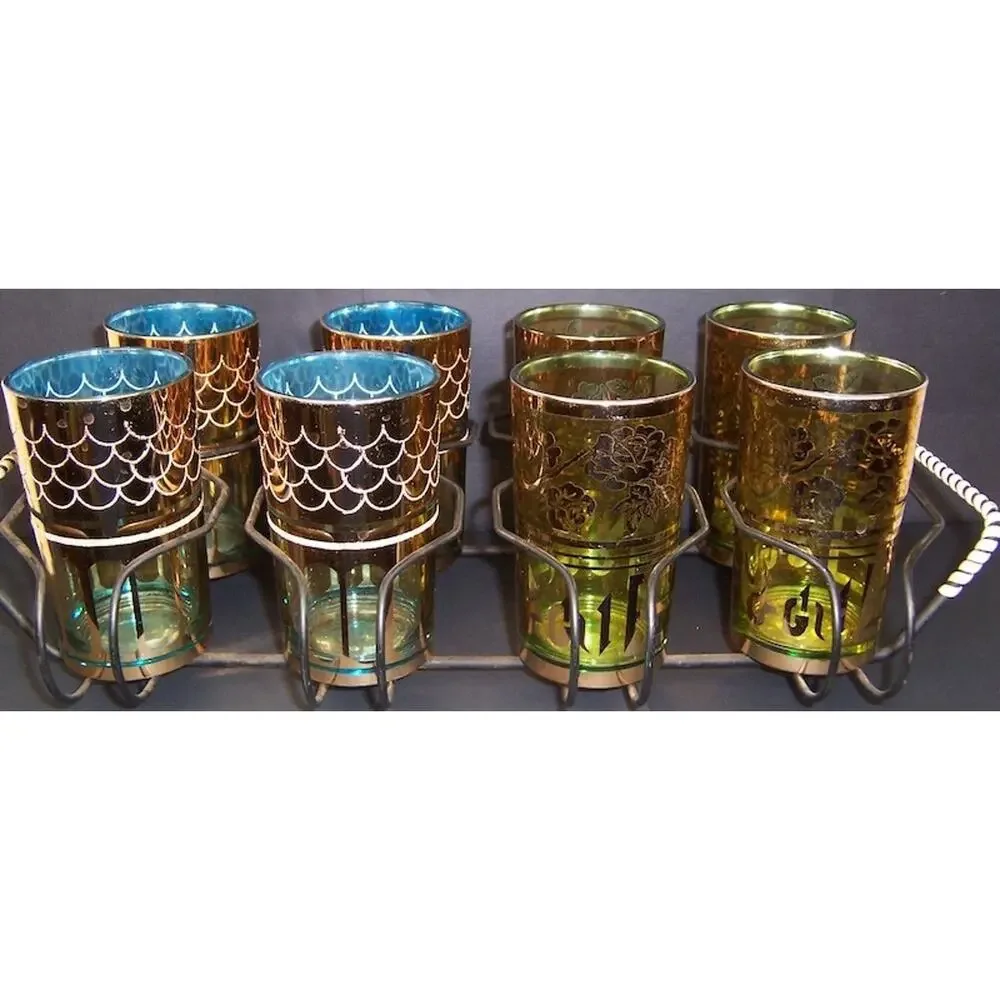 Vintage MCM 8pc Curated 6 oz Bar Glass Set Made in Korea with Wire Caddy